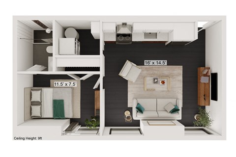 Floor plan for 1 bed, 1 bath, 495 sqft